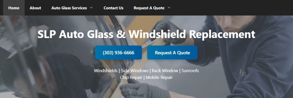 SLP Auto Glass homepage hero with technician repairing windshield.