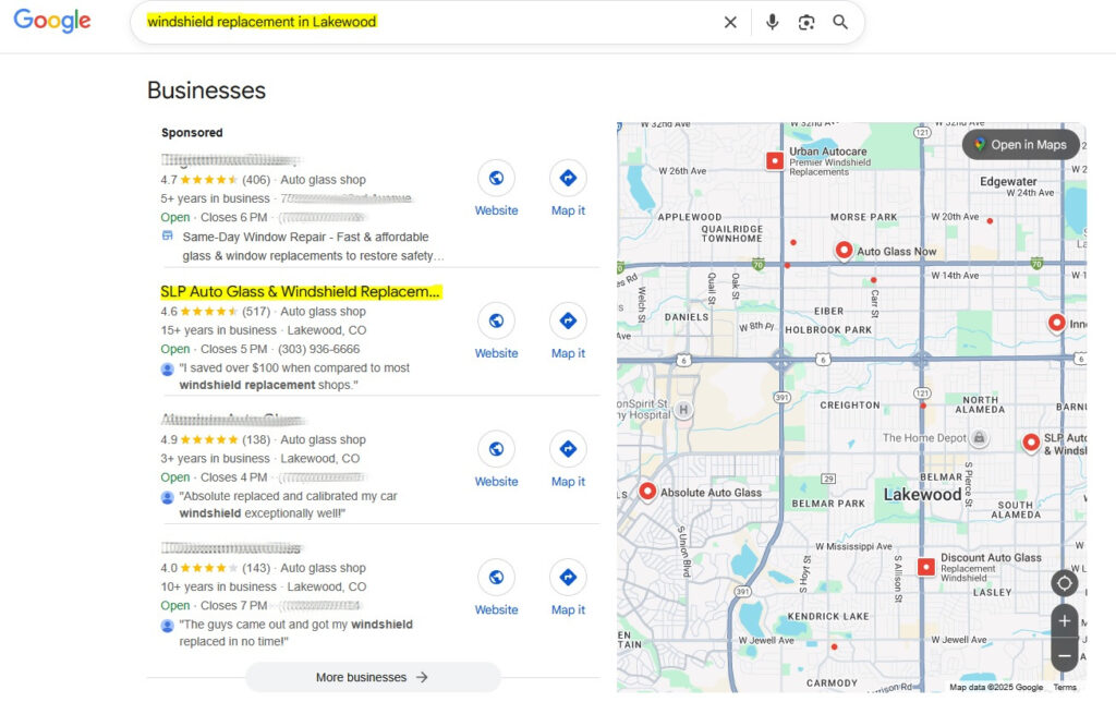 Google Maps screenshot showing SLP Auto Glass ranked #1 for windshield replacement in Lakewood CO.