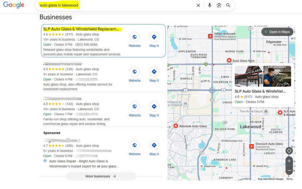 Google Maps screenshot showing SLP Auto Glass ranked #1 for auto glass in Lakewood CO.