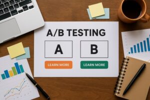 Workspace with laptop, notes, and a paper labeled A/B Testing showing options A and B with charts and coffee.