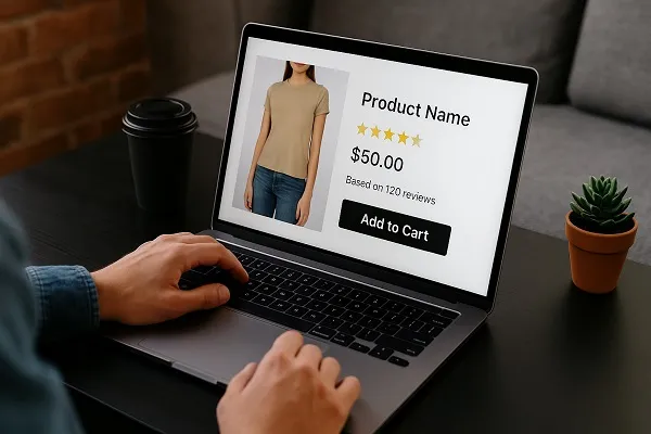 Person browsing an online store on a laptop showing product details with ratings and reviews.