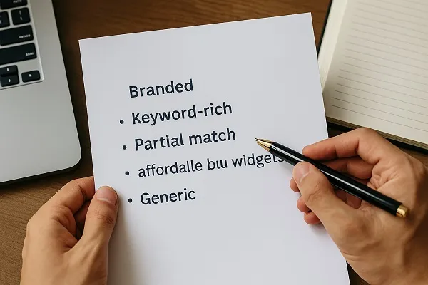 Person holding a printed sheet of anchor text categories with a pen, next to a laptop and notebook.