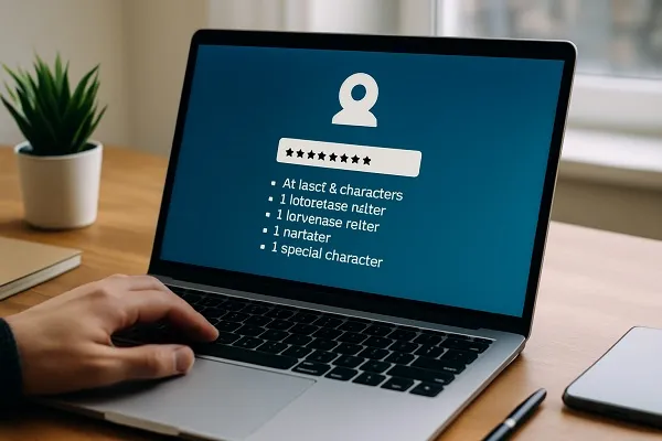 Photograph of a laptop screen showing a password field with security requirements while a person types on the keyboard.
