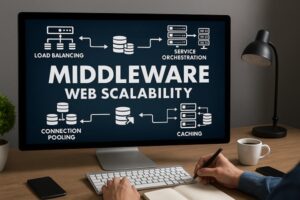 Widescreen monitor on a desk displaying middleware concepts for web scalability, including load balancing, caching, and service orchestration.