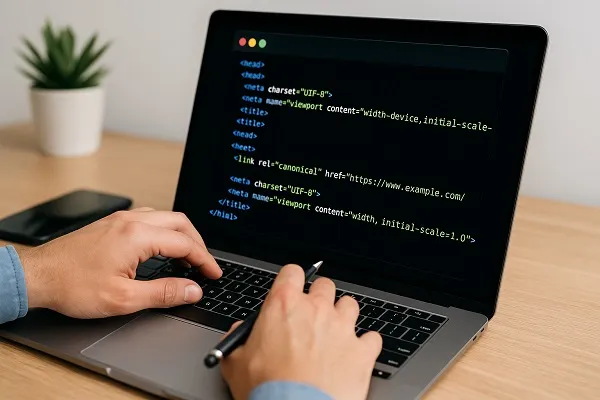 Person coding on a laptop with HTML showing a canonical tag.