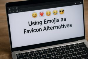 Laptop screen showing a webpage titled "Using Emojis as Favicon Alternatives" with emoji icons in browser tabs.
