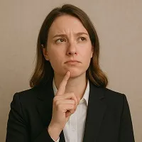 A professional young woman in a black blazer and white shirt looks thoughtful, gently touching her chin while gazing upward, suggesting she is considering an important decision.
