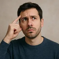 A thoughtful young man with short dark hair and a beard touches his temple while looking upward, conveying a questioning or wondering expression.