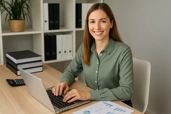 A smiling accountant in a green shirt using a laptop at a desk with financial reports, calculator, and binders in the background.