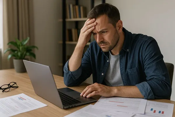 Man reviewing SEO data on a laptop with a concerned expression while checking reports on a desk.