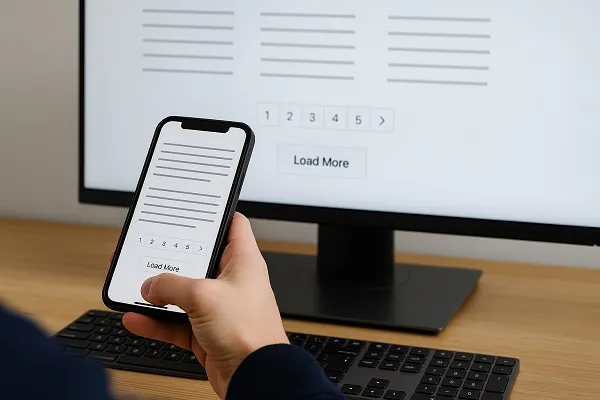 Person using a smartphone with a “Load More” button and pagination visible on both phone and monitor screens.