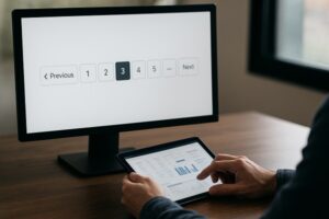 Person using a tablet and computer displaying pagination controls in a modern workspace.