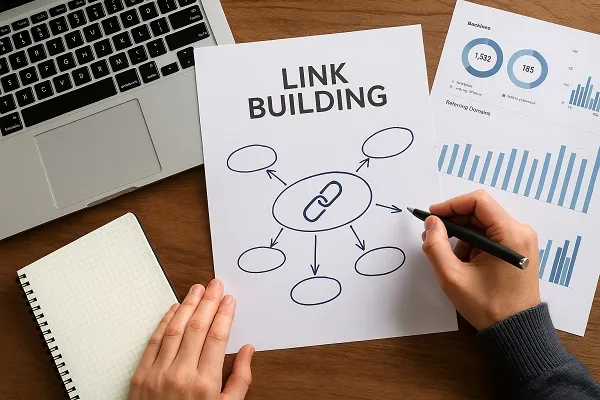 Person planning a backlink strategy at a desk with laptop, charts, and link diagram on paper.
