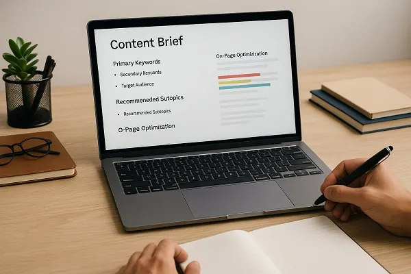 Laptop on a desk showing a content brief with charts and keywords while someone takes notes beside work materials.