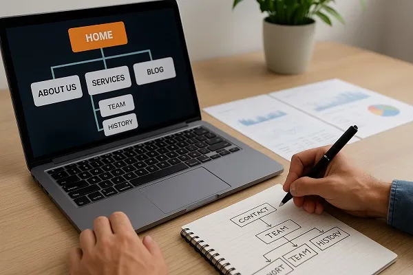Person optimizing a website on a laptop with notes and analytics charts on a desk.
