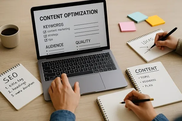 Person working on laptop with notes for SEO content planning and keyword strategy at desk.