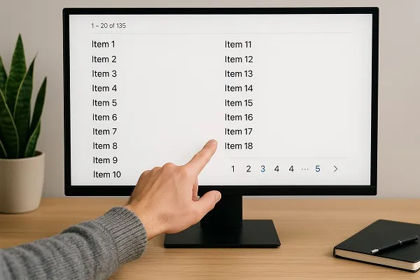 Person pointing at a data list on a computer screen showing paginated items and page numbers.