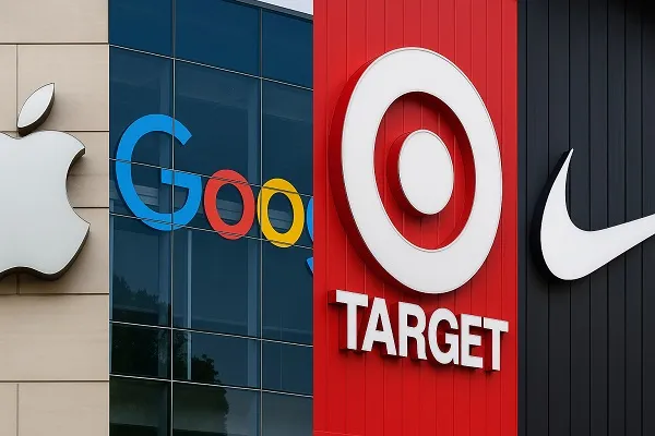 Logos of Apple, Google, Target, and Nike displayed on building exteriors, showcasing minimalistic brand design.