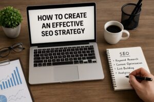 Laptop on a desk displaying “How to Create an Effective SEO Strategy” with a notebook listing SEO tactics beside coffee and charts.
