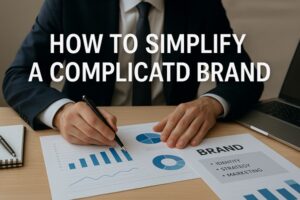 Business professional reviewing brand strategy charts and logo designs on a desk with documents labeled identity, strategy, and marketing.