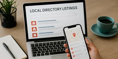 Local Directory Listings Icon Person using a smartphone with a map and listings, laptop showing local directory listings in the background.