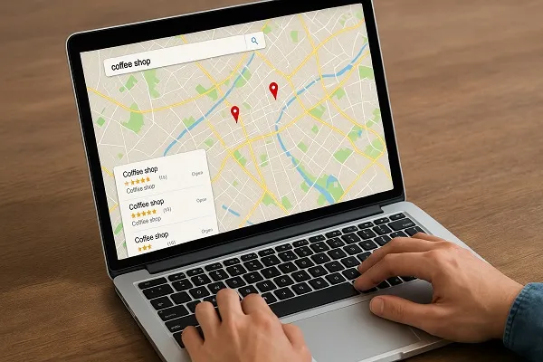 Person using laptop viewing local map search with business listings and locations marked on screen.