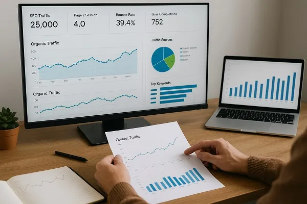 Person analyzing SEO performance charts on computer and laptop with printed reports showing organic traffic trends.