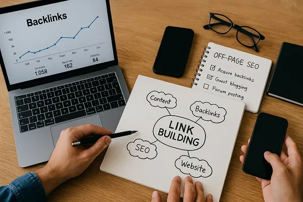 People working on link-building strategies with laptop showing backlink analytics and notes on desk.