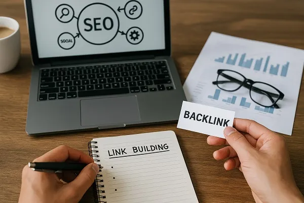 Person working on SEO link building strategy at desk with laptop, notebook, and analytics charts.