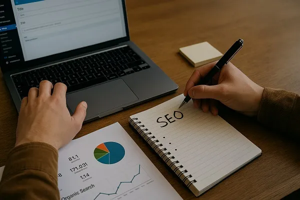 Person optimizing a website on a laptop with notes and analytics charts on a desk.