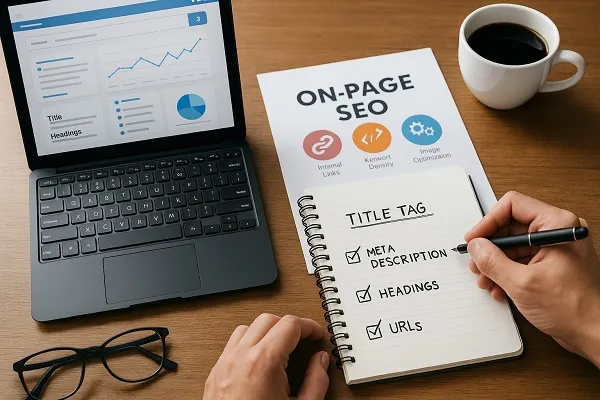 Laptop with SEO analytics open beside notebook listing title tags, meta descriptions, and headings for on-page optimization.