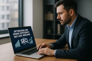 Business professional reviewing SEO crawl efficiency data on a laptop in a modern office setting