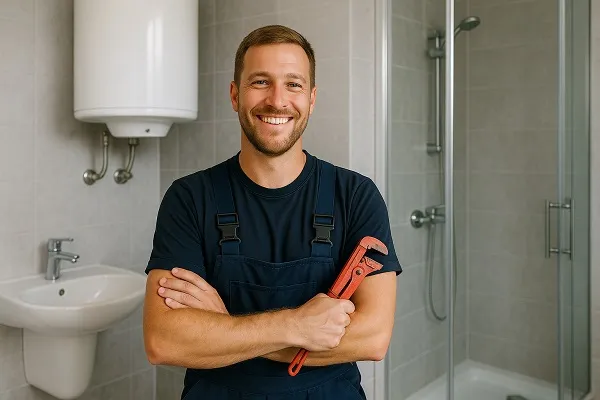 A smiling plumber in navy overalls holding a red wrench while standing in a modern bathroom with a sink and shower.