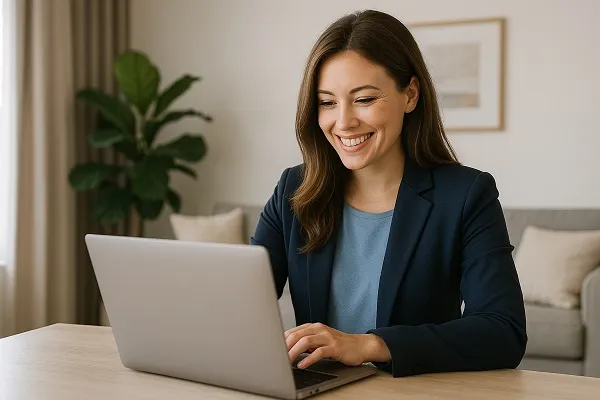 A smiling woman in a navy blazer working on a laptop at a modern desk in a bright office.