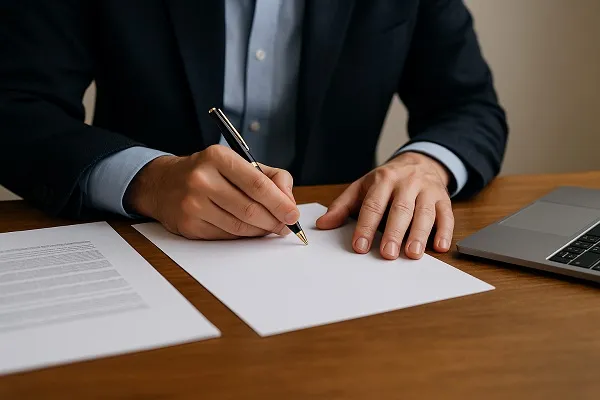 Person in business attire writing notes on paper beside a laptop, symbolizing refining a brand message with focus and clarity.