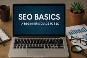 Laptop displaying “SEO Basics: A Beginner’s Guide to SEO” on screen with charts, notebook, and coffee cup on a desk.