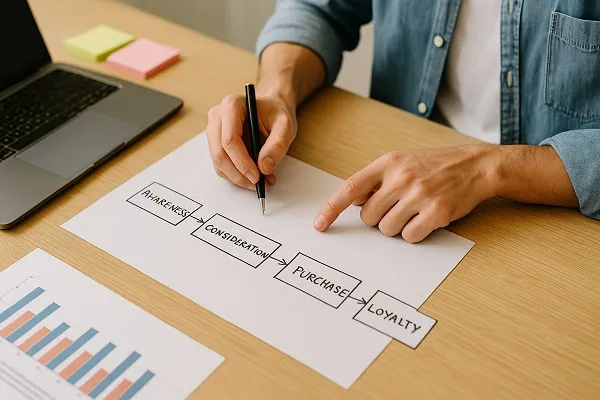 Professional analyzing a customer journey flowchart on a desk with laptop and charts, pointing to stages of the buyer process.