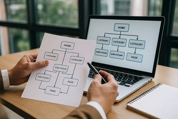 Professional reviewing a printed website structure diagram beside a laptop showing the same site hierarchy.