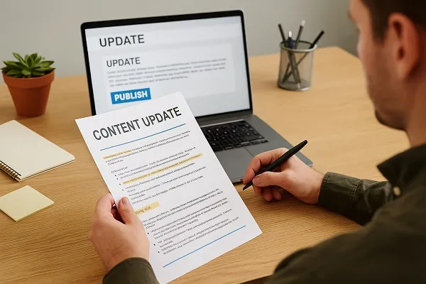 Professional updating website content on a laptop while reviewing printed notes in an office setting.