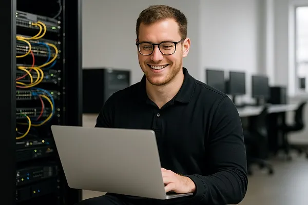 A smiling IT professional in a black shirt using a laptop beside a server rack in a modern office.