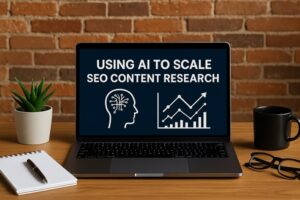 Laptop on a wooden desk displaying "Using AI to Scale SEO Content Research" with charts and a brain graphic, beside office items.