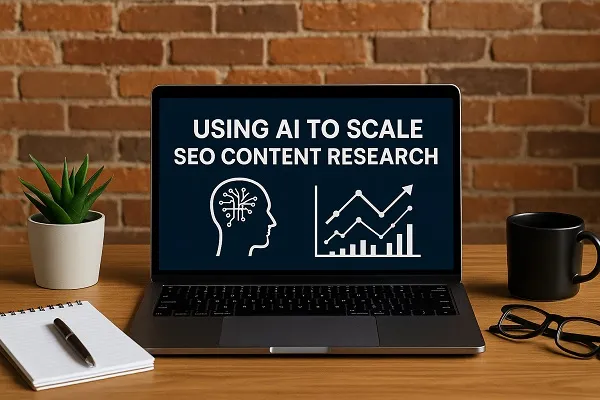 Laptop on a wooden desk displaying "Using AI to Scale SEO Content Research" with charts and a brain graphic, beside office items.