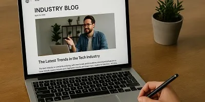 Weekly Industry Blogs icon A person reading a WordPress industry blog post with an image and article text on a laptop screen.