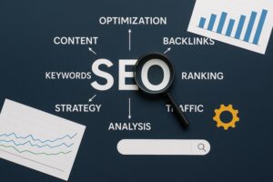 Flat lay showing SEO concept with magnifying glass, charts, and keywords like ranking, backlinks, and content on dark background.