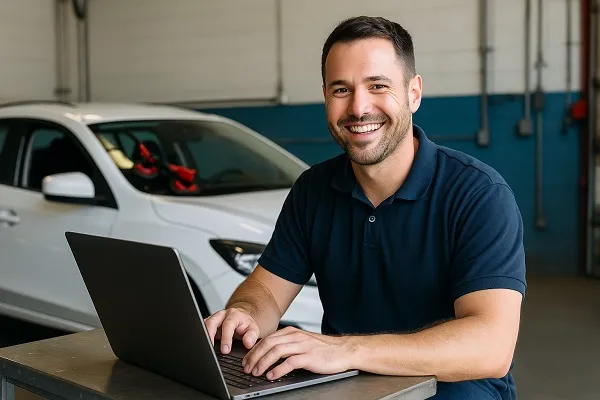 A smiling windshield repair technician in a navy shirt using a laptop inside a garage with a car in the background.