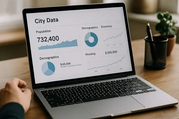 Person viewing city statistics and demographic data on a laptop using charts and graphs.