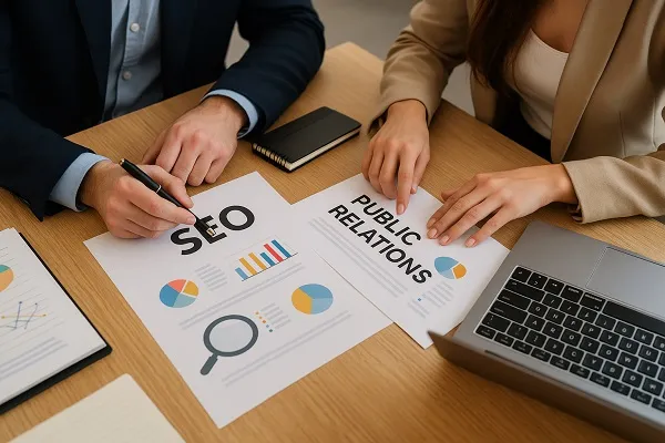Two marketing professionals working together on SEO and PR strategy documents at a desk with charts and a laptop.