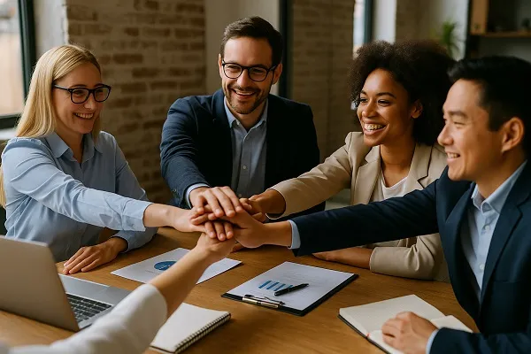 A diverse team in an office placing their hands together over a table during a meeting.