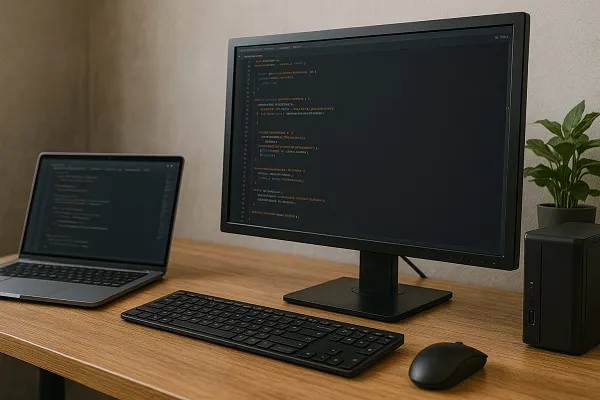 Developer workspace with a monitor and laptop displaying back end code beside server hardware.