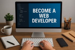Person typing at a desk with a computer displaying the phrase Become a Web Developer beside visible code and workspace items.